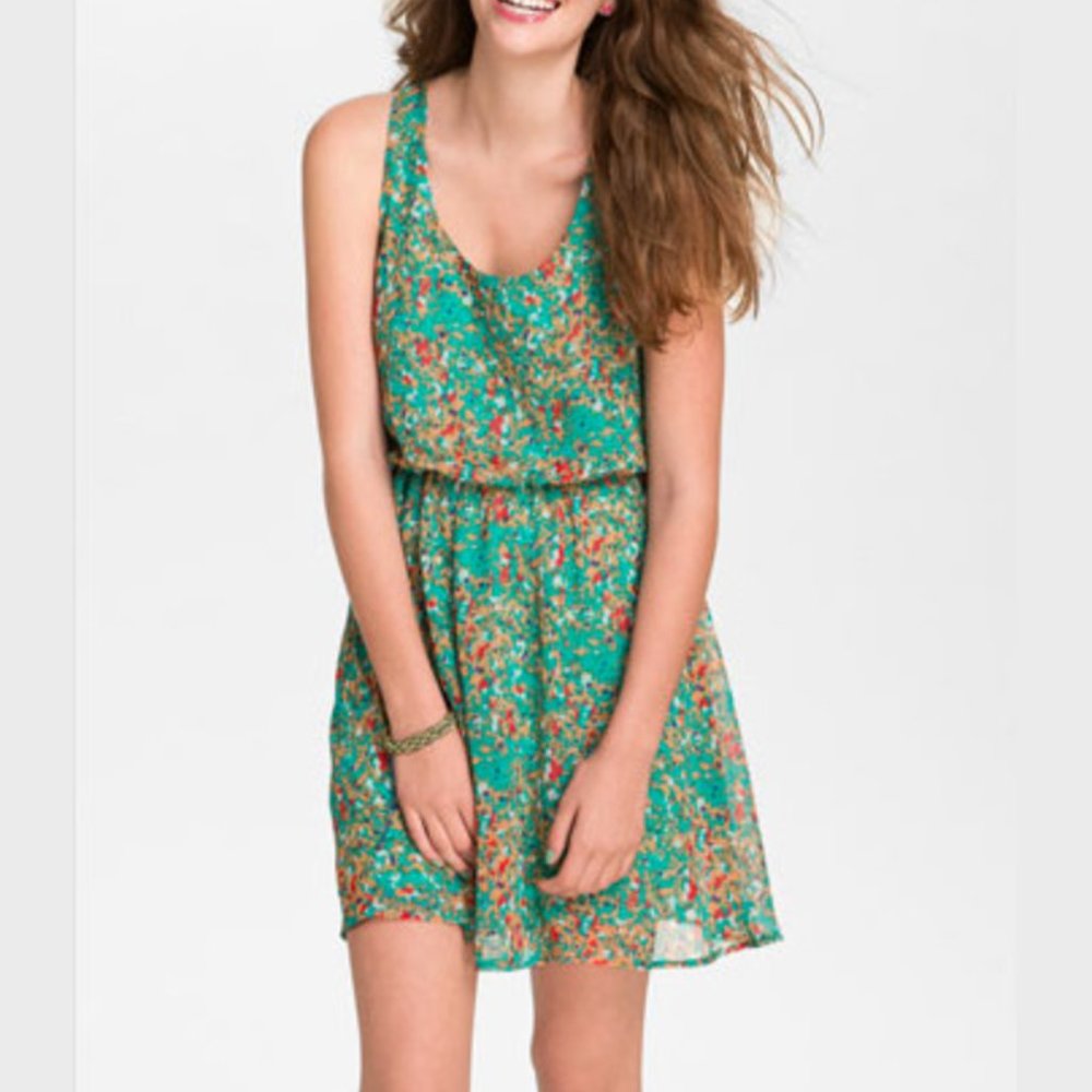 Lush 'Drew' Blouson Tank Dress Green Pattern